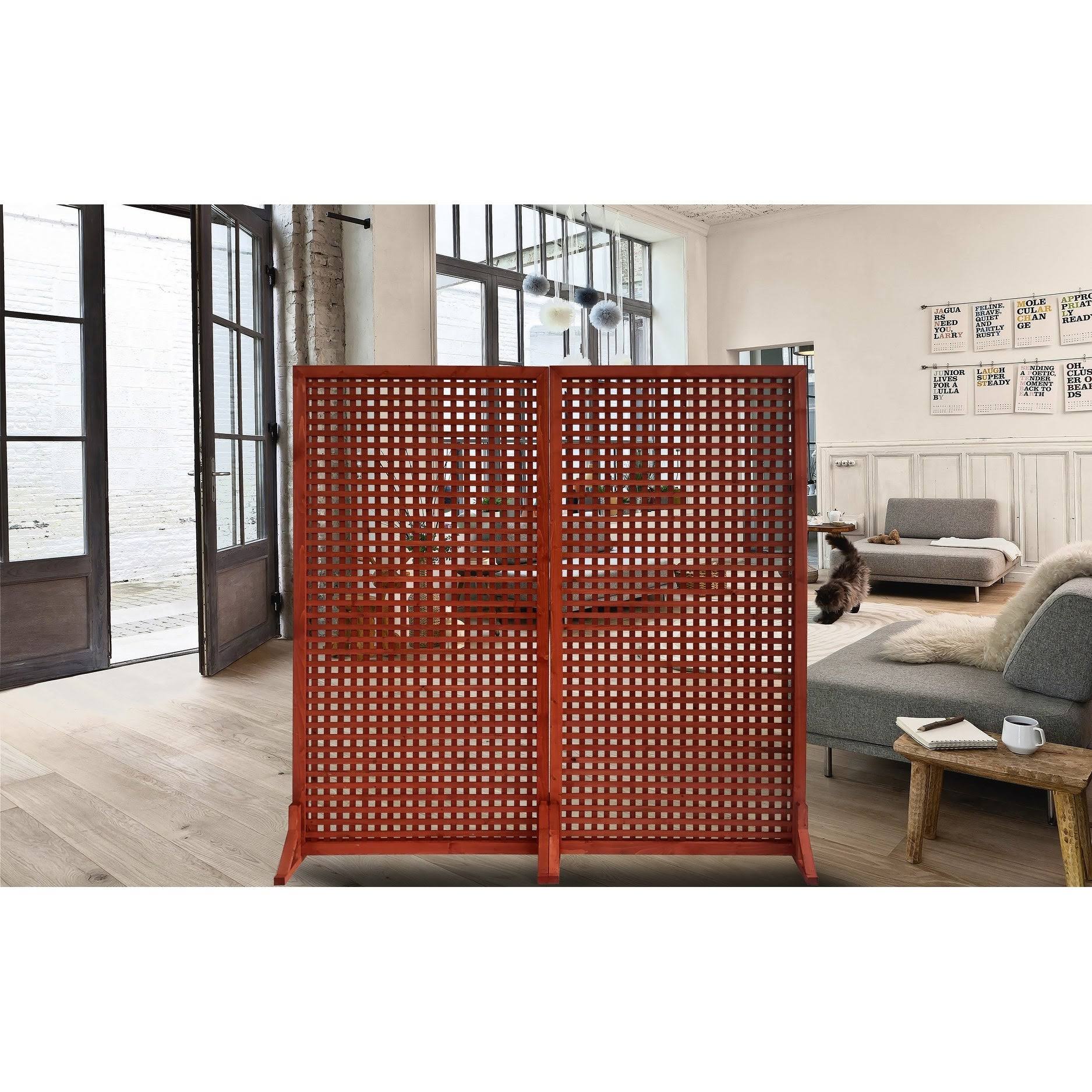 Red Solid Wood Privacy Screen Room Divider, Set of 2pc B7100