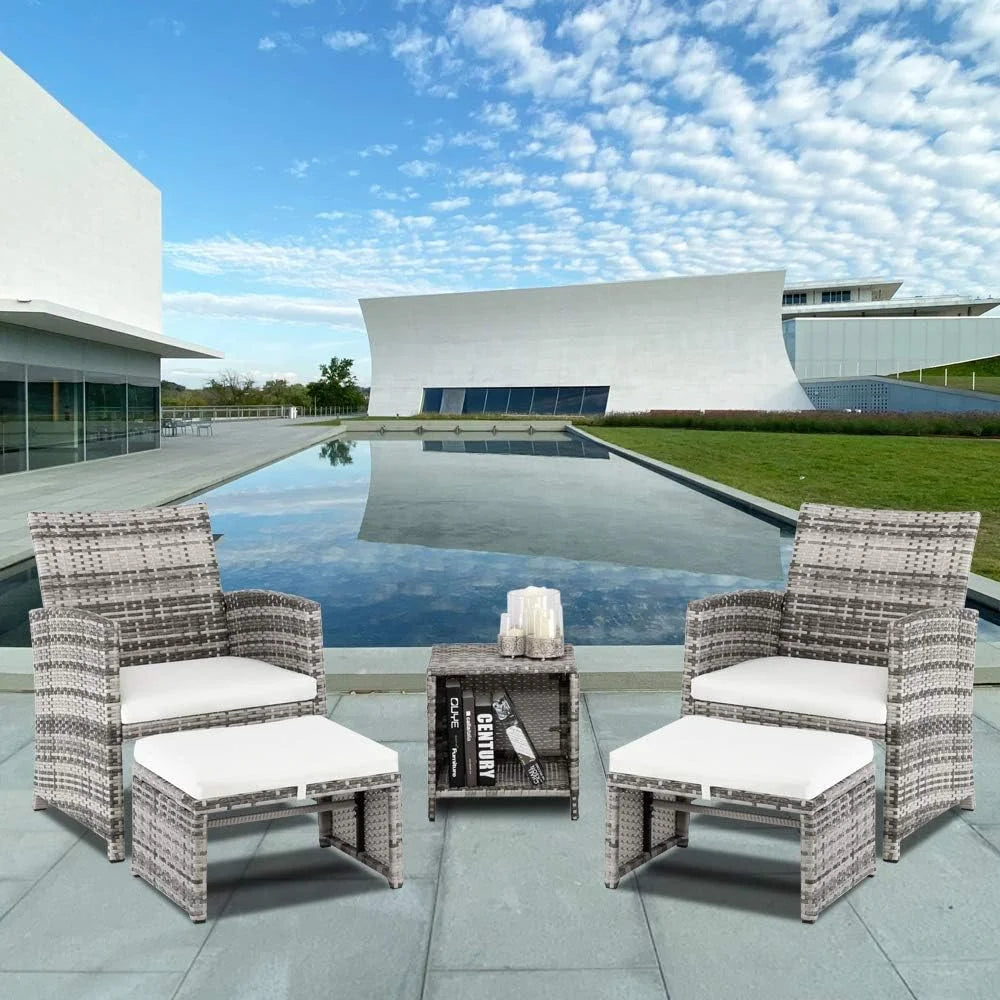 5 PCS Wicker Patio Rattan Cushioned Sofas with Ottoman & Table A845
