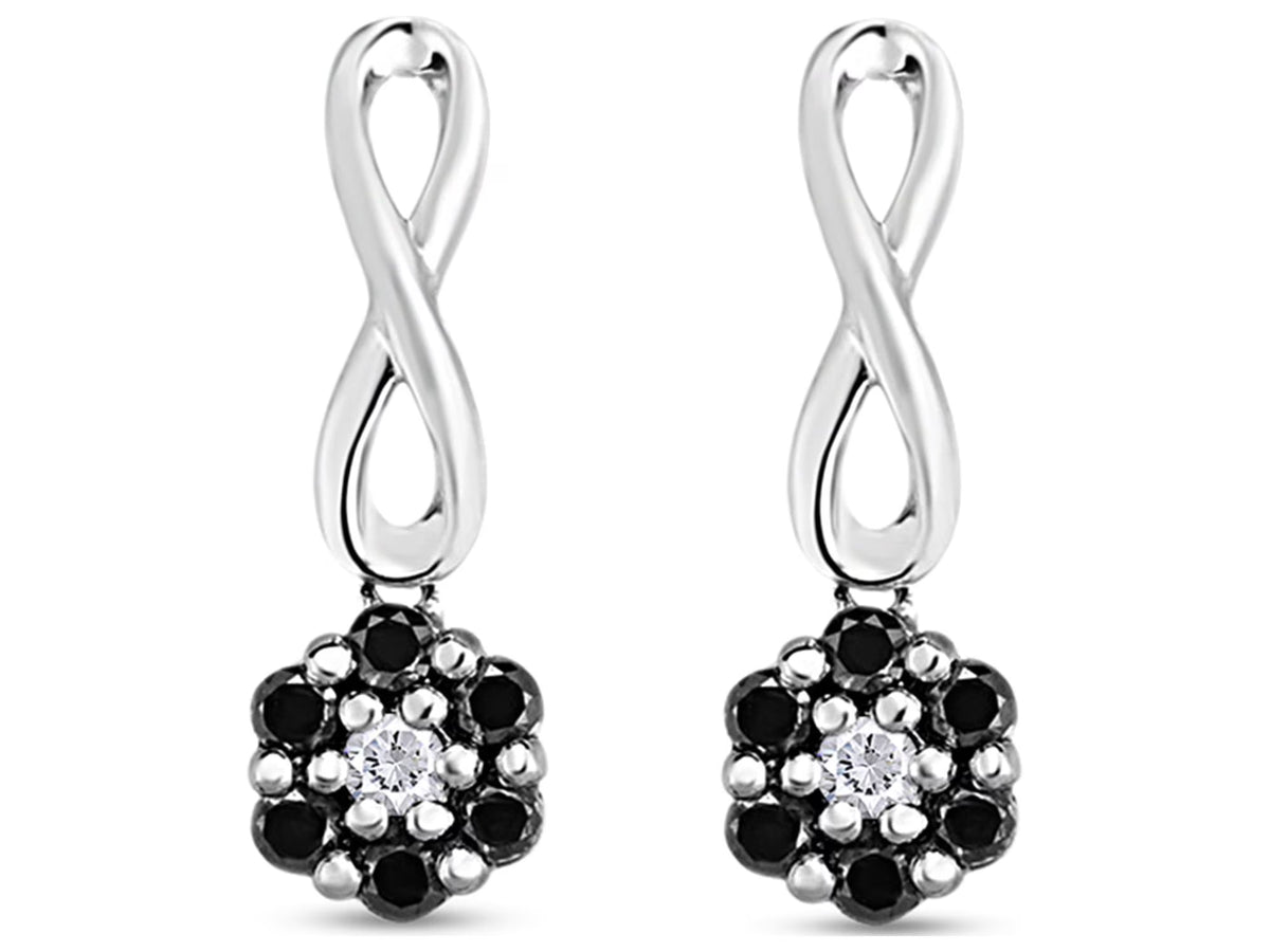 1/2 Carat Round Black & White Diamond Flower Cluster Drop Earrings in 14K White Gold Over Sterling Silver Y85881