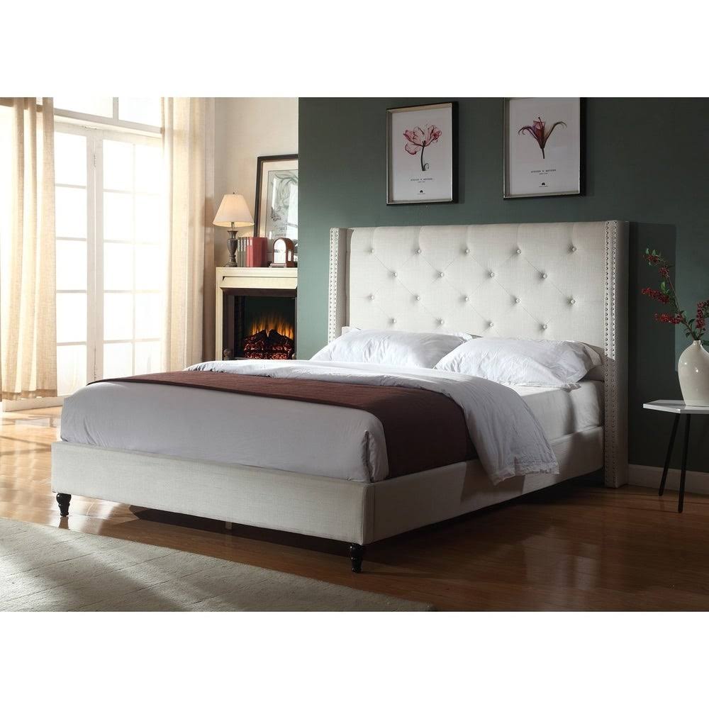 Beige Linen Blend Upholstered Wingback Platform Bed L1970