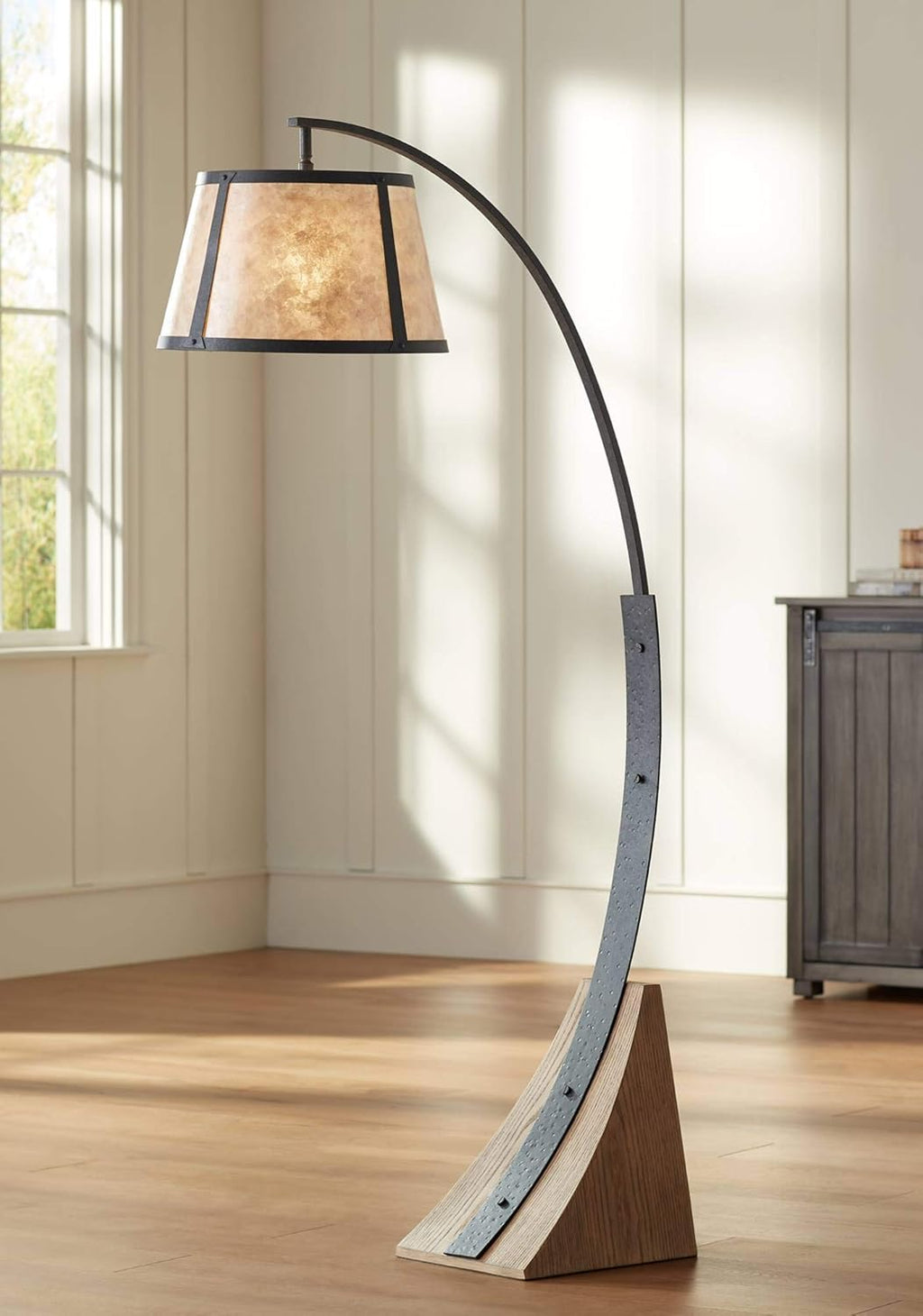 Tall Arched Floor Lamp Dark Gray Black Wood Mica Drum Shade E185