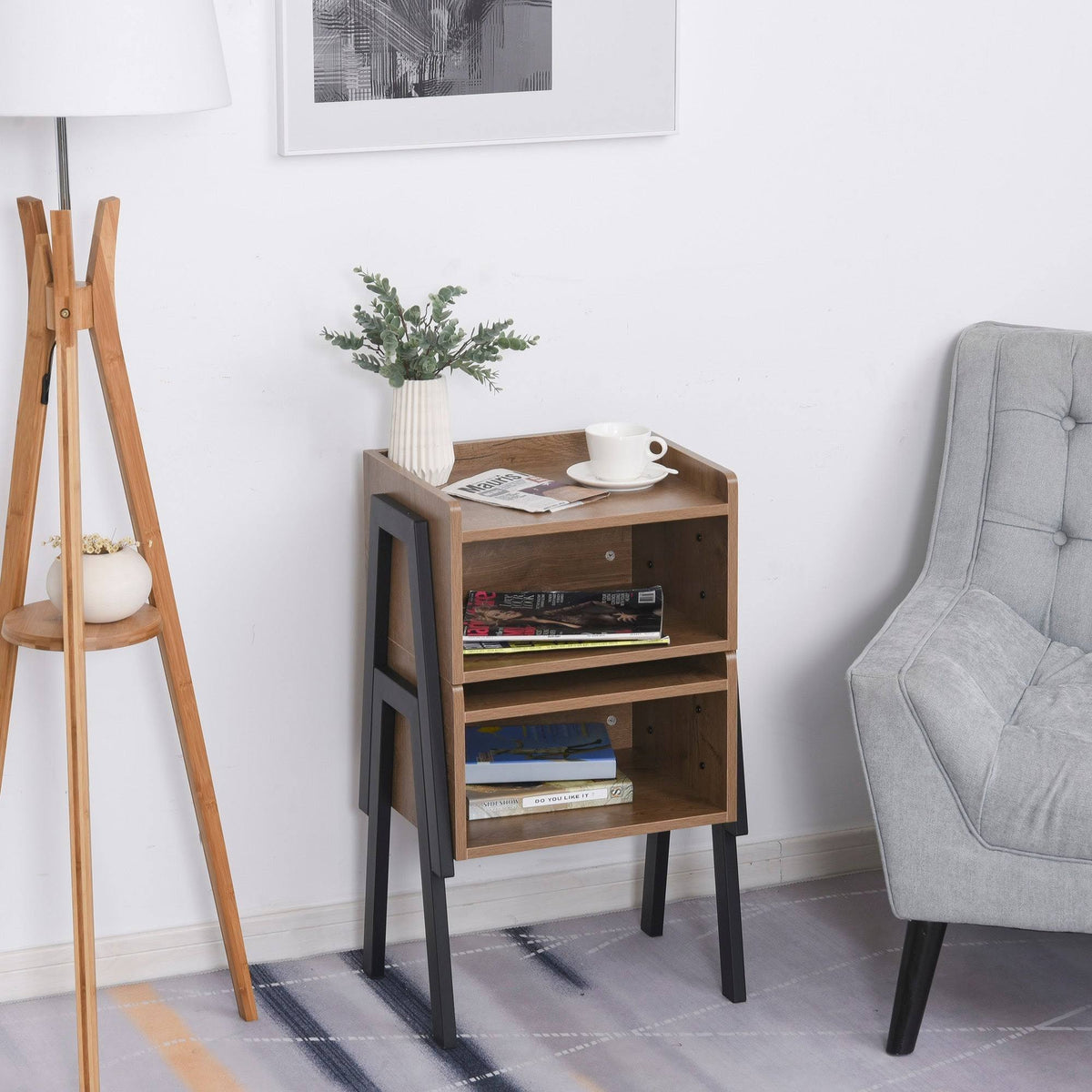 Industrial Set of 2 Stackable Side Tables with Solid Steel Frame Legs, Oak E1314
