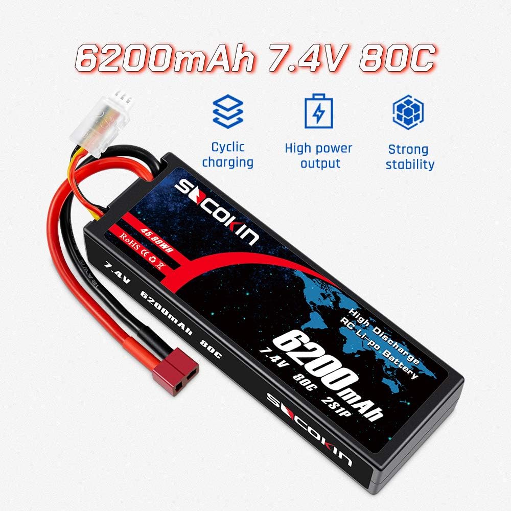 2 Pack 7.4V 2S 6200mAh 80C Hard Case Lipo Battery with Deans T F218