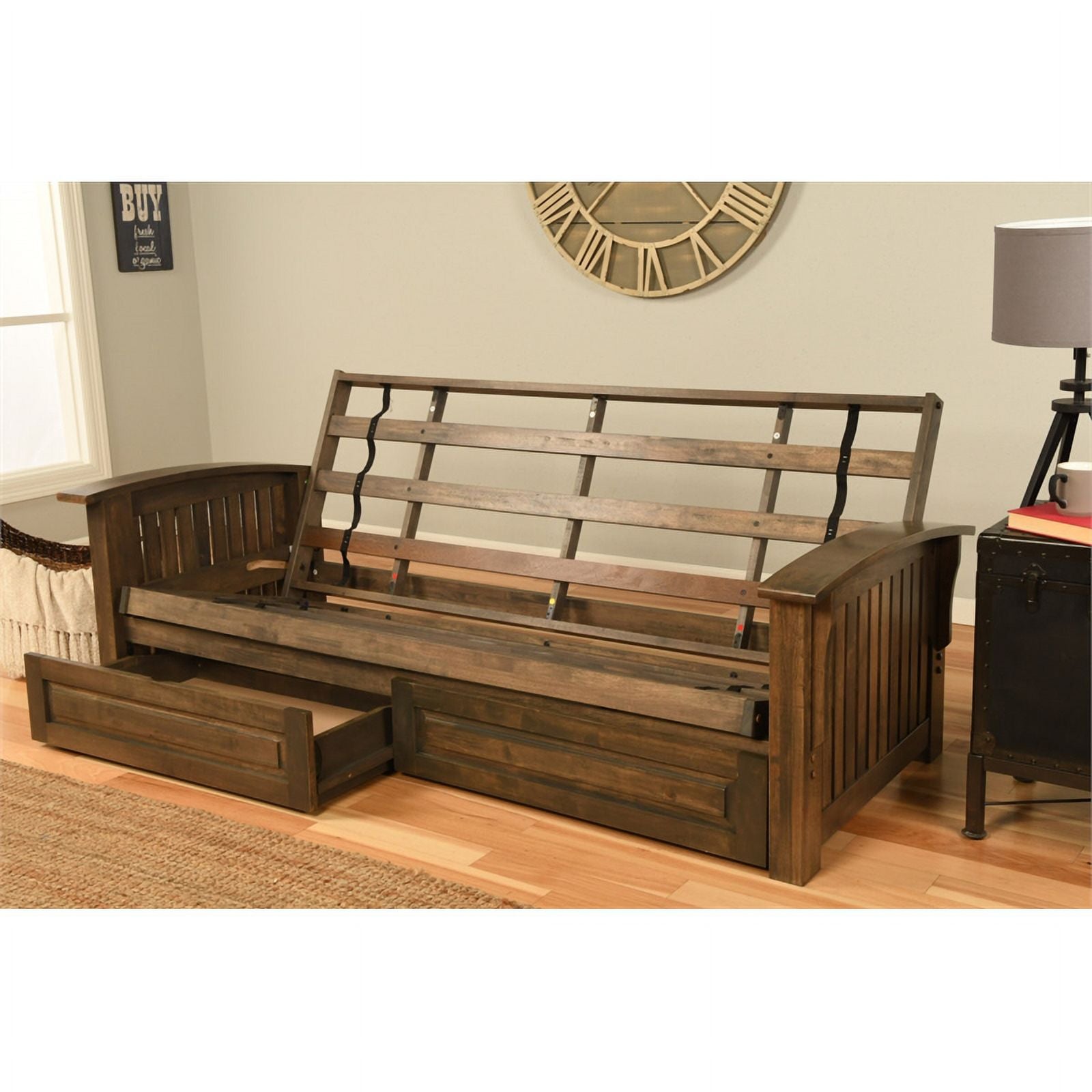 Walnut Futon with Drawers and Suede Peat Mattress K27387