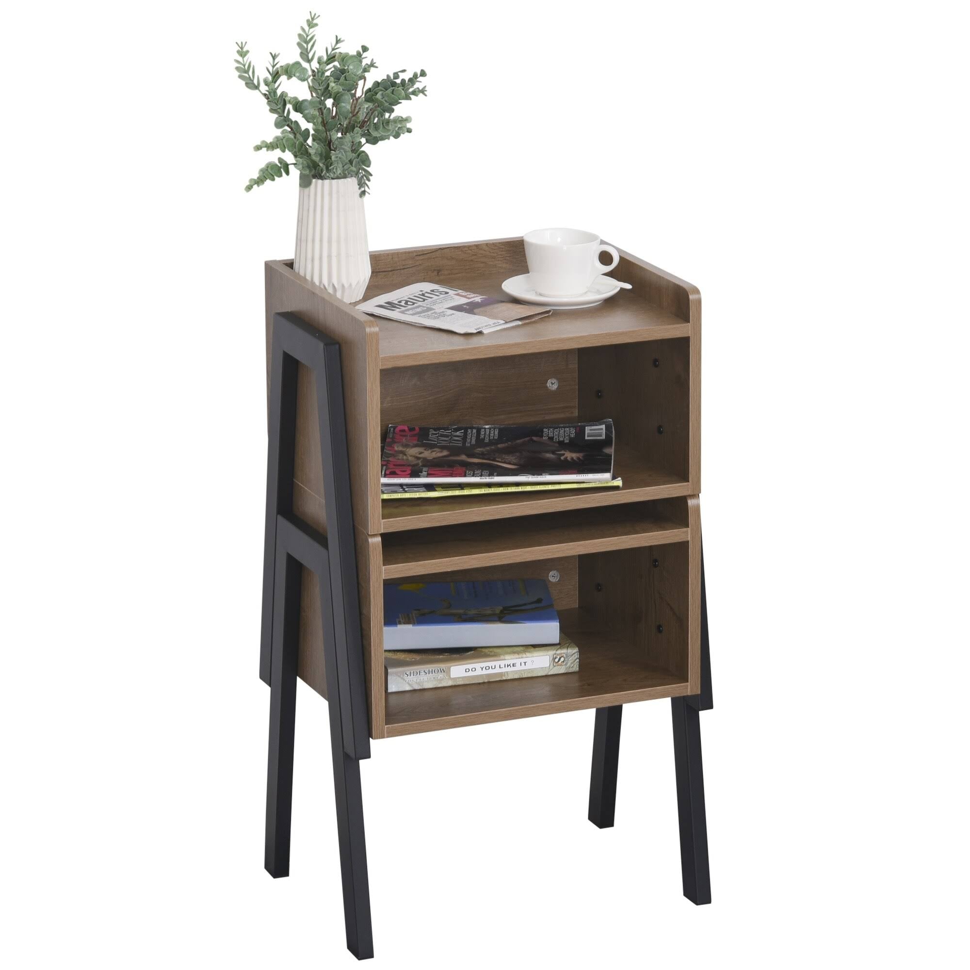 Industrial Set of 2 Stackable Side Tables with Solid Steel Frame Legs, Oak E1314