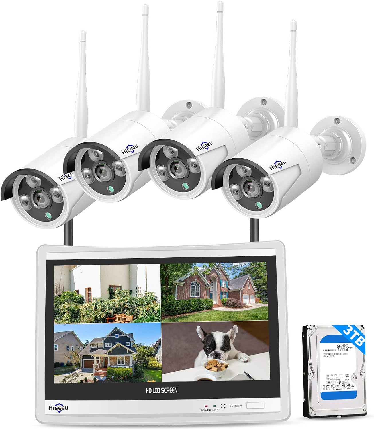 8CH 2K Wireless Security Camera System with 12 LCD Monitor 3TB Hard Drive 4pcs 3MP Outdoor Bullet IP Cameras I425007
