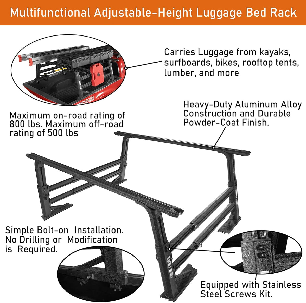 Overland Truck Bed Cargo Rack Extendable Aluminum Truck Ladder Rack Adjustable Height Heavy Duty B311835