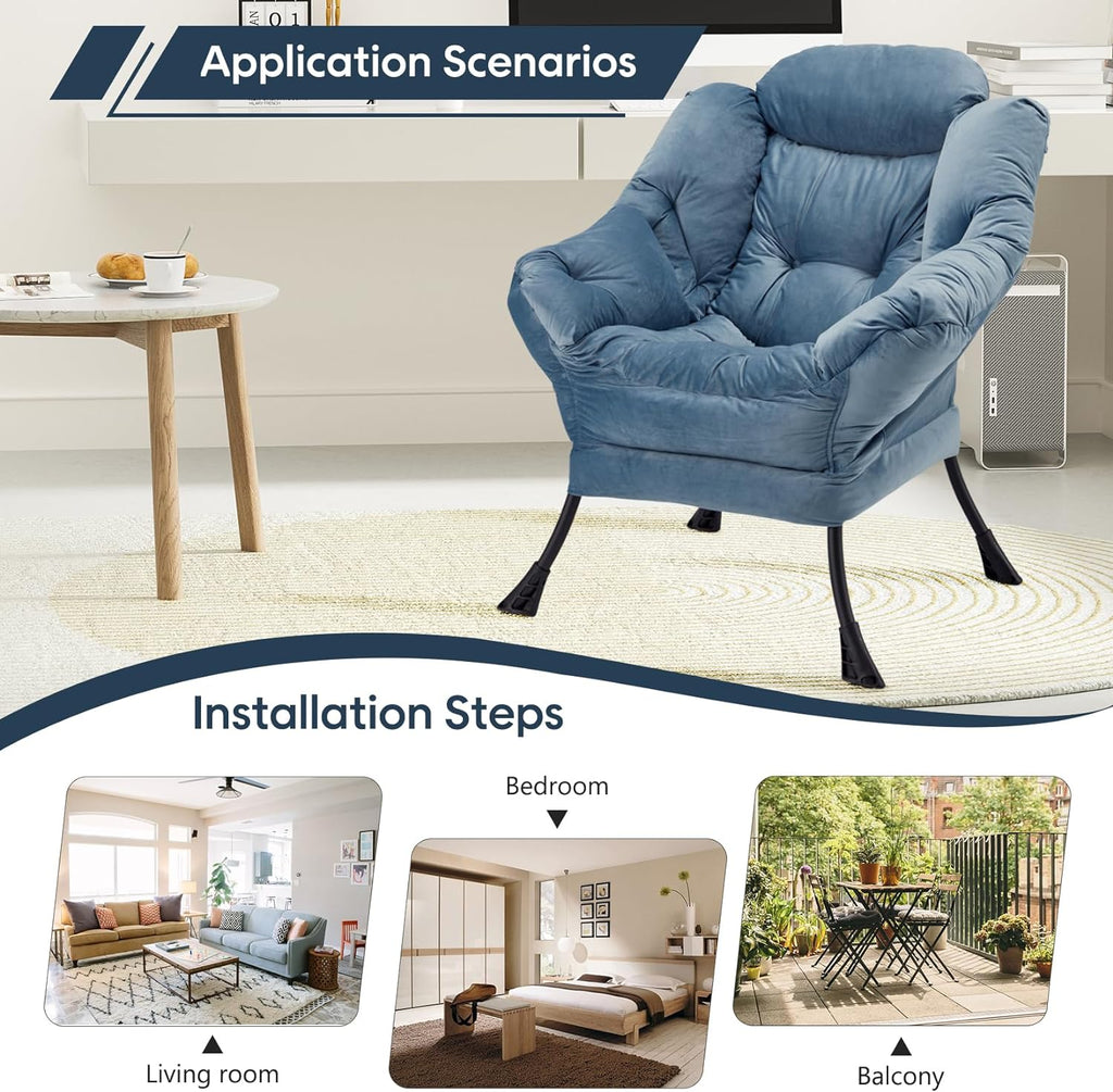 Blue Velvet Lounge Chair with Steel Frame and Side Pocket J4874