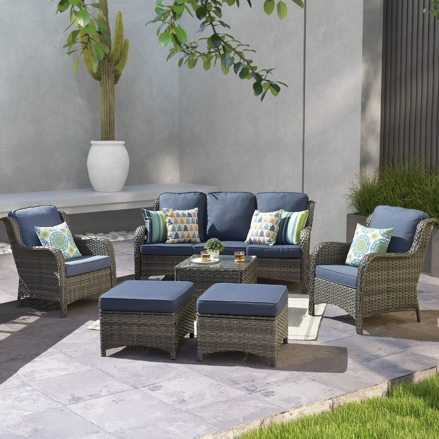Beige 6-piece Wicker Sectional Set with Table I978