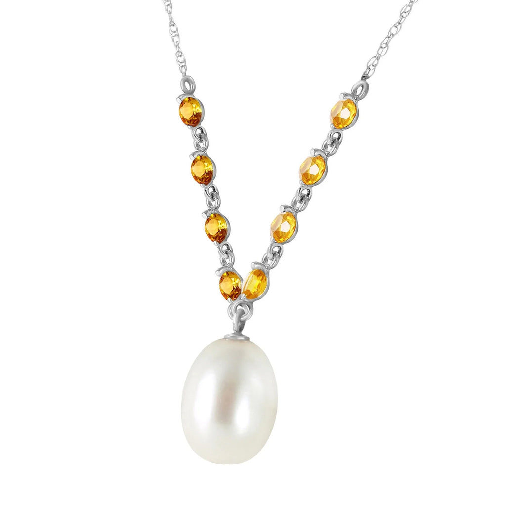 14k Solid White Gold Necklace with Natural Citrines and Freshwater-cultured Pearl S1621