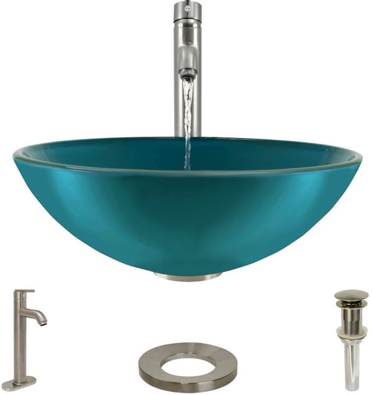 16-1/2x22 Glass Vessel Bathroom Sink with Vessel Faucet Cerulean Brushed A8945