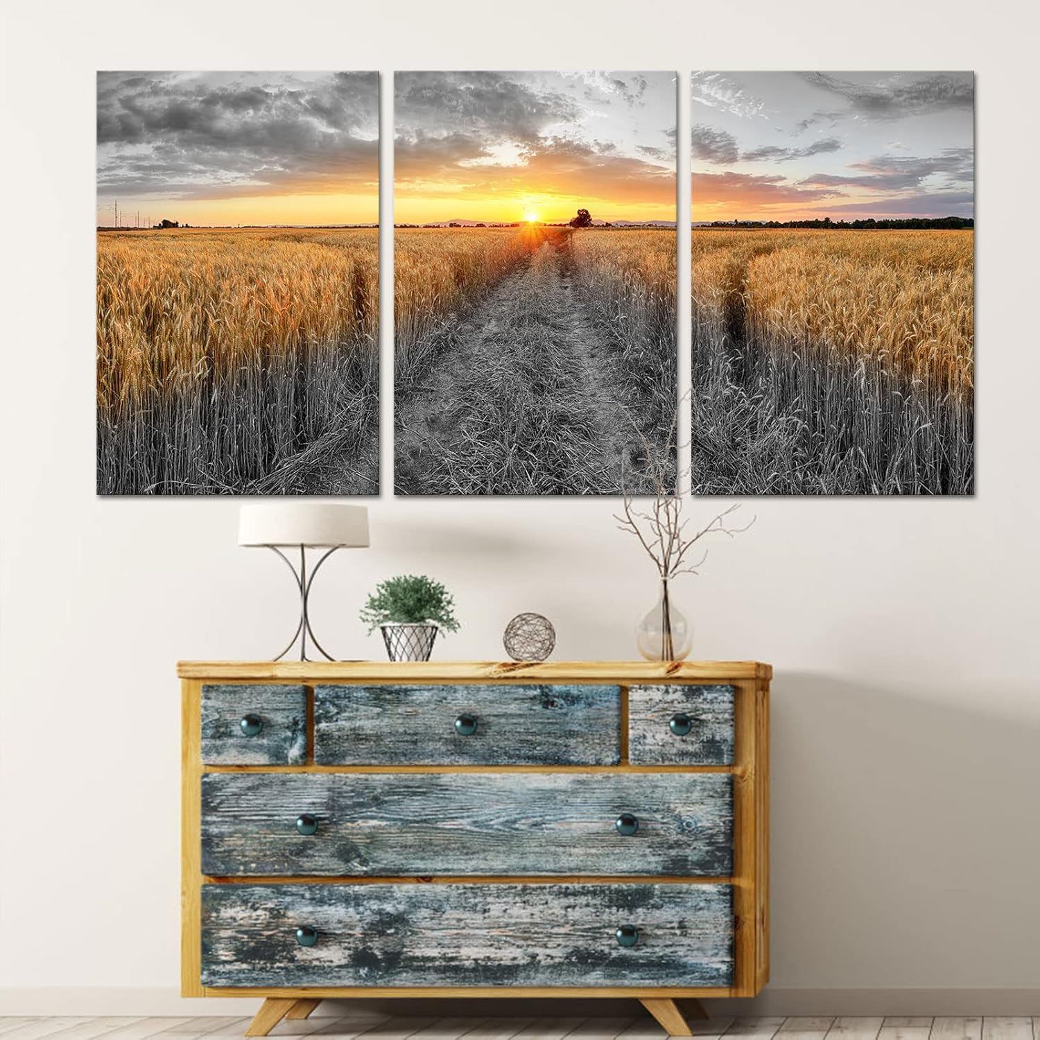 3 Pieces Golden Wheat Field Texas Sunset Canvas Wall Art M388891