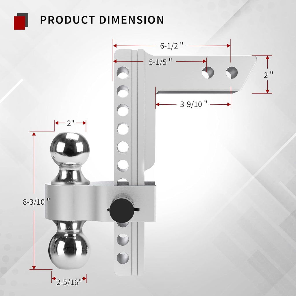 Adjustable Trailer Hitch Ball Mount, 2-Inch Receiver, 10-Inch Drop, Forged Aluminum Shank, 2-Inch and 2-5/16-Inch Combo Stainless Steel Tow Balls R455935