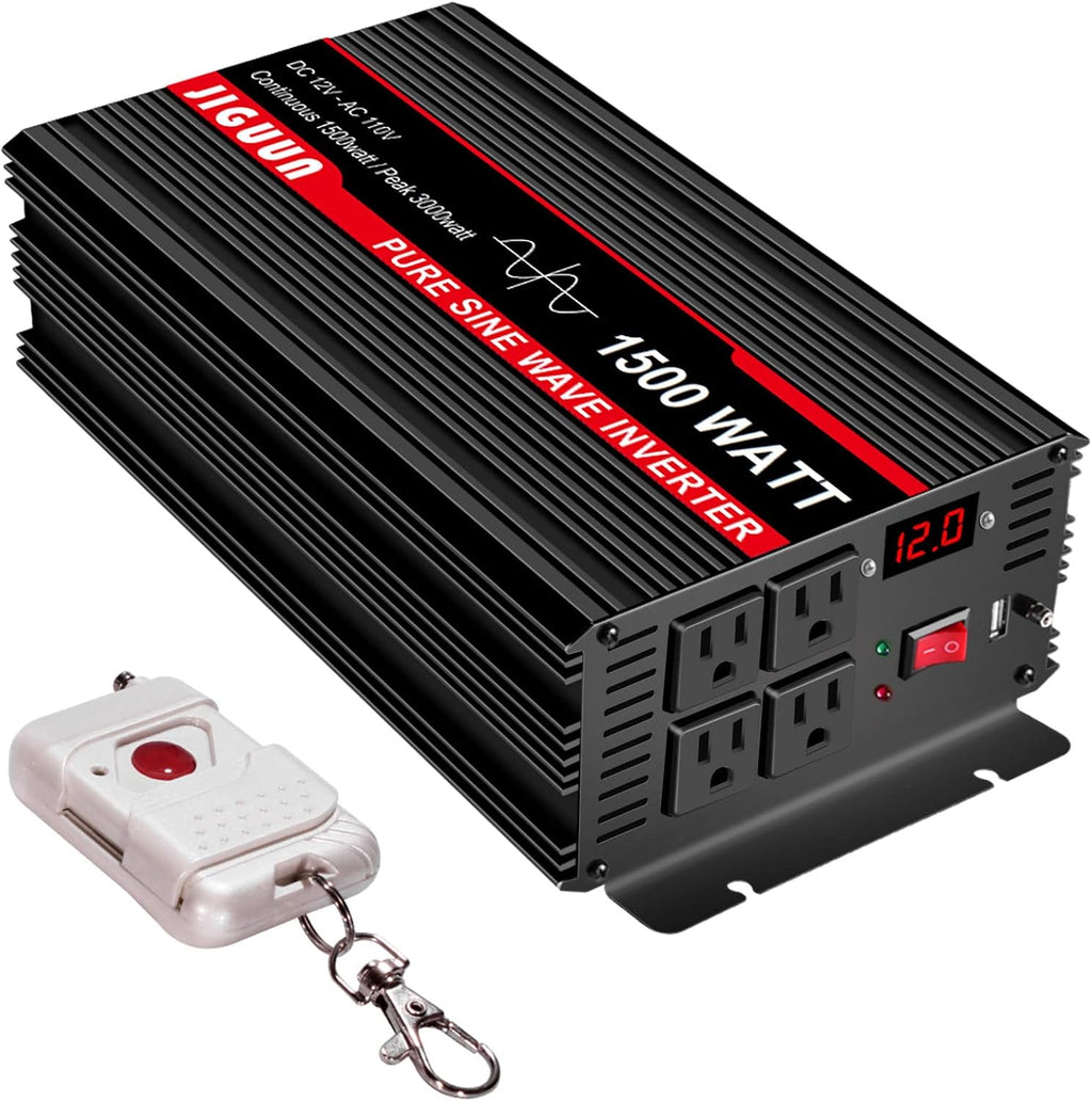 3000 Watt Pure Sine Wave Power Inverter 12V DC to 110V AC with 4 AC Outlets and USB Port B3917