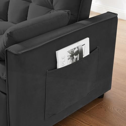 Blue Velvet Double Convertible Sofa Bed with Storage Bag and Pillow Q875800