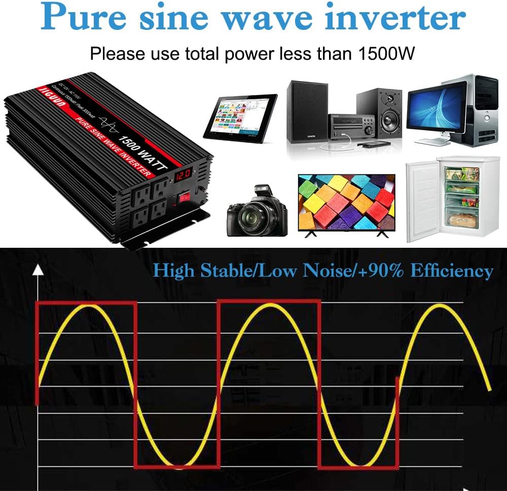 3000 Watt Pure Sine Wave Power Inverter 12V DC to 110V AC with 4 AC Outlets and USB Port B3917