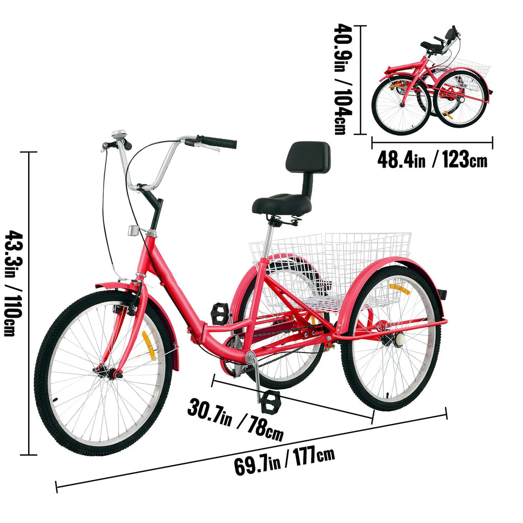 Foldable Adult Tricycle 24'' Wheels 1-Speed 3 Wheel Bikes L5383
