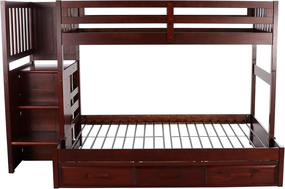 Twin Over Full Staircase Bunk Bed with 3 Drawers in Merlot Finish W72531