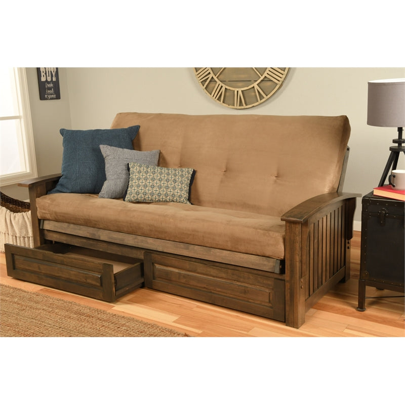 Walnut Futon with Drawers and Suede Peat Mattress K27387