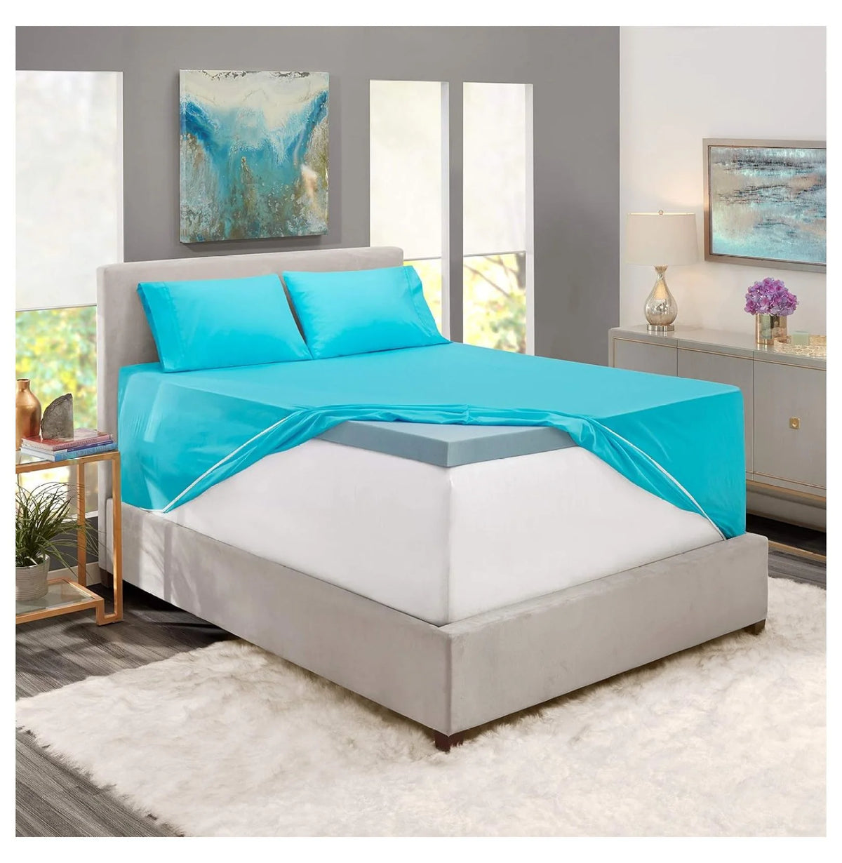 Bright Blue 4 Piece Queen Size Deep Pocket Sheet Set Z686682