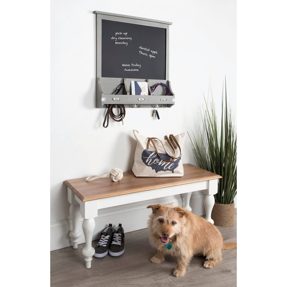 Decorative Rustic Wood Home Organizer with Chalkboard, Pockets, and Key Hooks R686