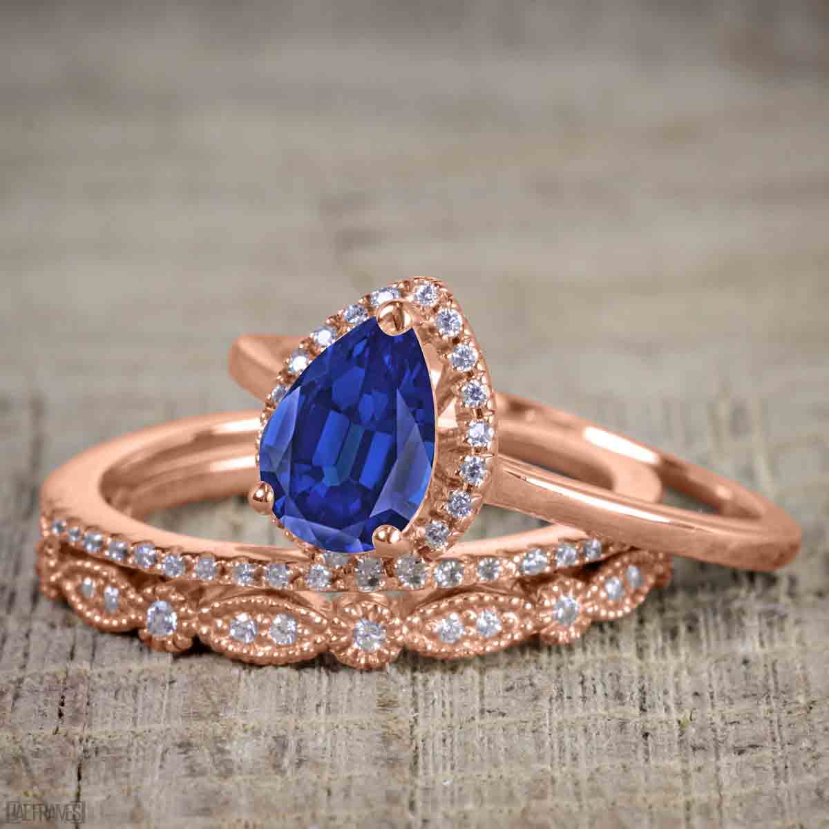 Pear Cut Lab Created Blue Sapphire Trio Wedding Ring Set J950