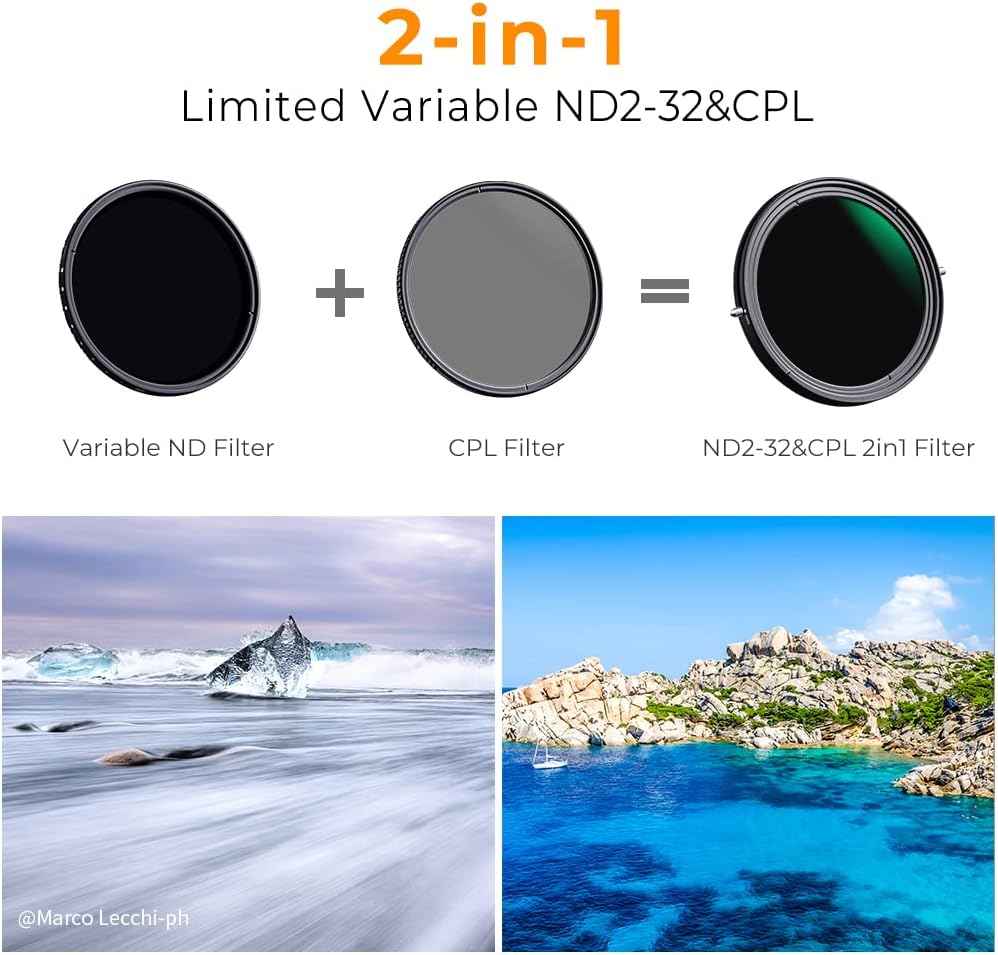 58mm Variable Fader ND2-ND32 ND Filter and CPL Circular Polarizing Filter 2 in 1, Pack of 2 Z344