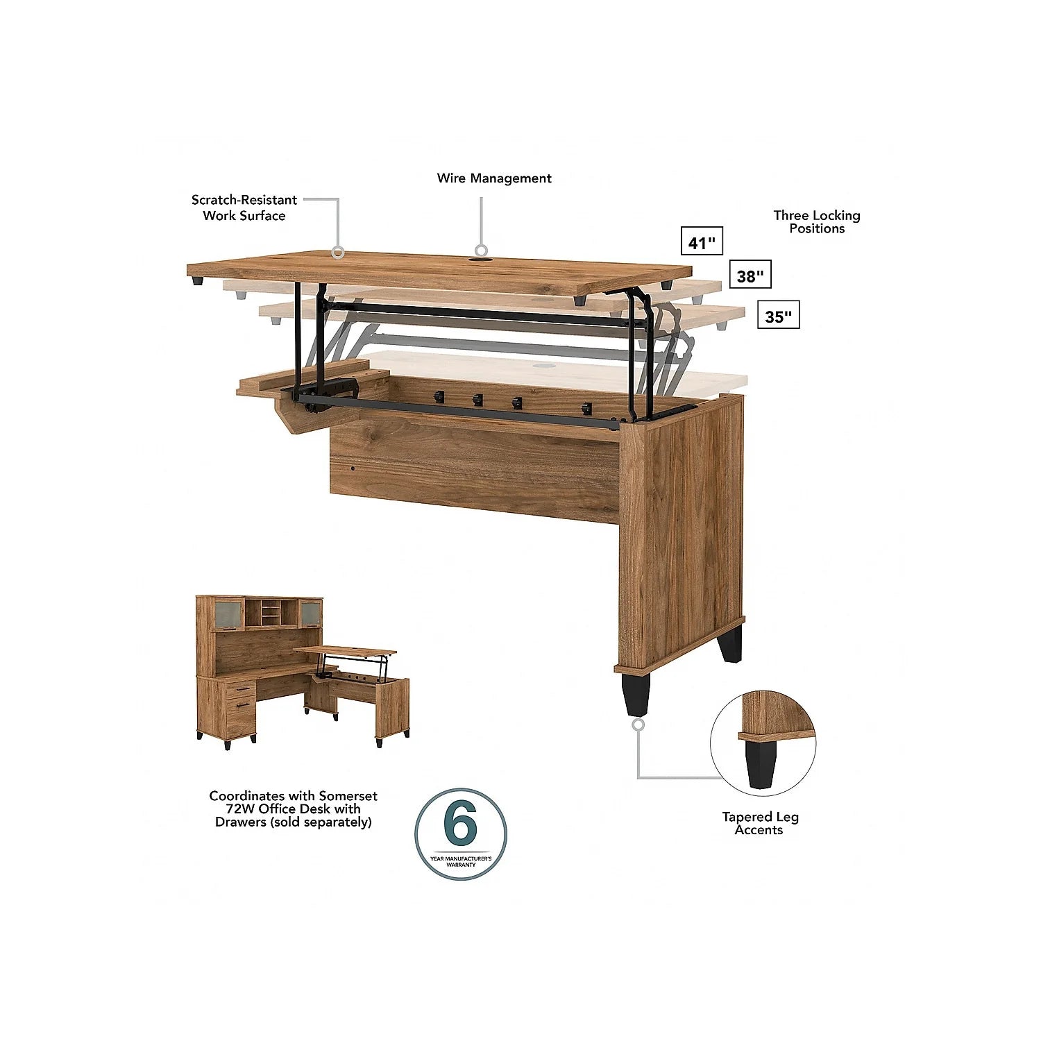 Fresh Walnut Sit to Stand L Desk Set with Bookcase H1228