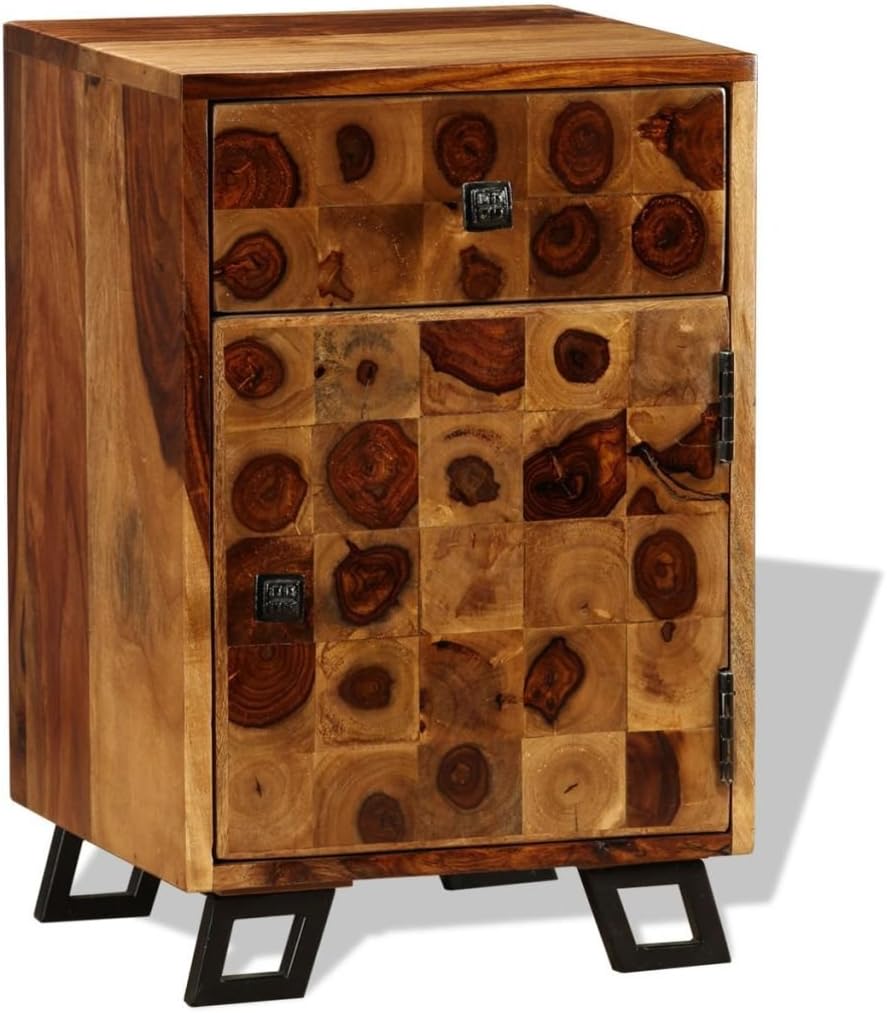 Solid Sheesham Wood Nightstand with Iron Legs and Storage Drawer Q29356
