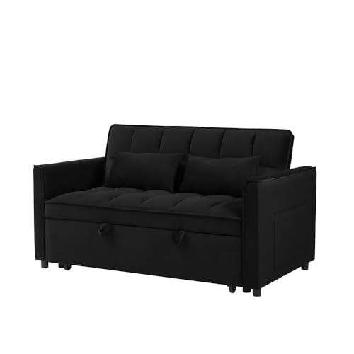 Blue Velvet Double Convertible Sofa Bed with Storage Bag and Pillow Q875800