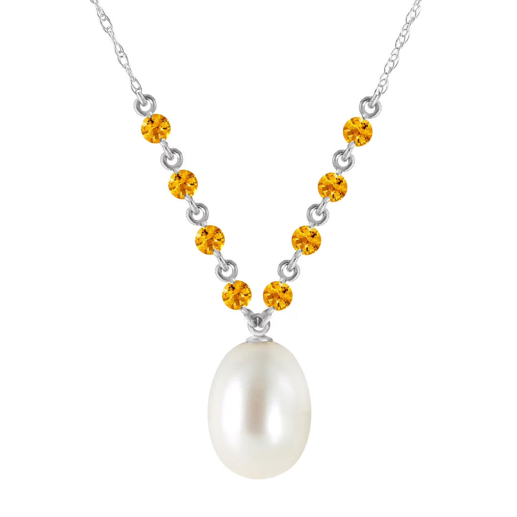 14k Solid White Gold Necklace with Natural Citrines and Freshwater-cultured Pearl S1621