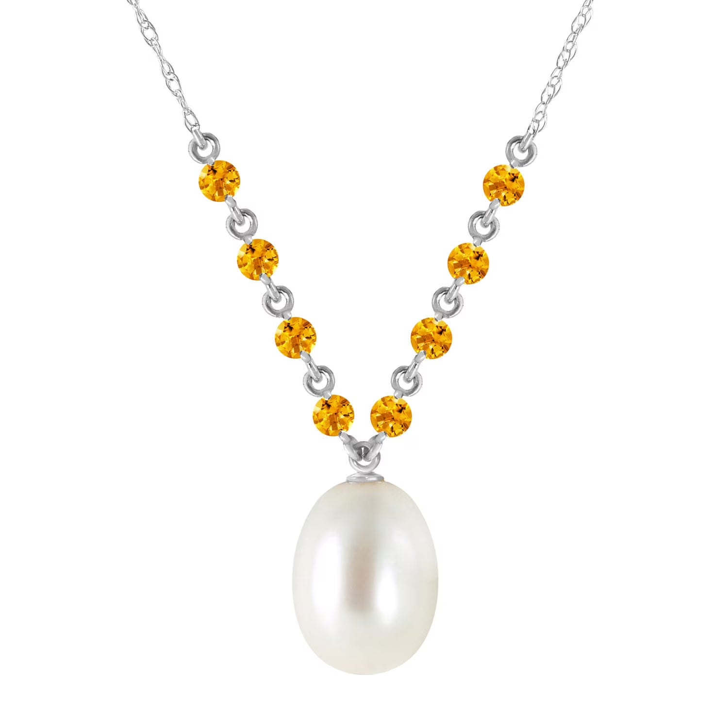 14k Solid White Gold Necklace with Natural Citrines and Freshwater-cultured Pearl S1621