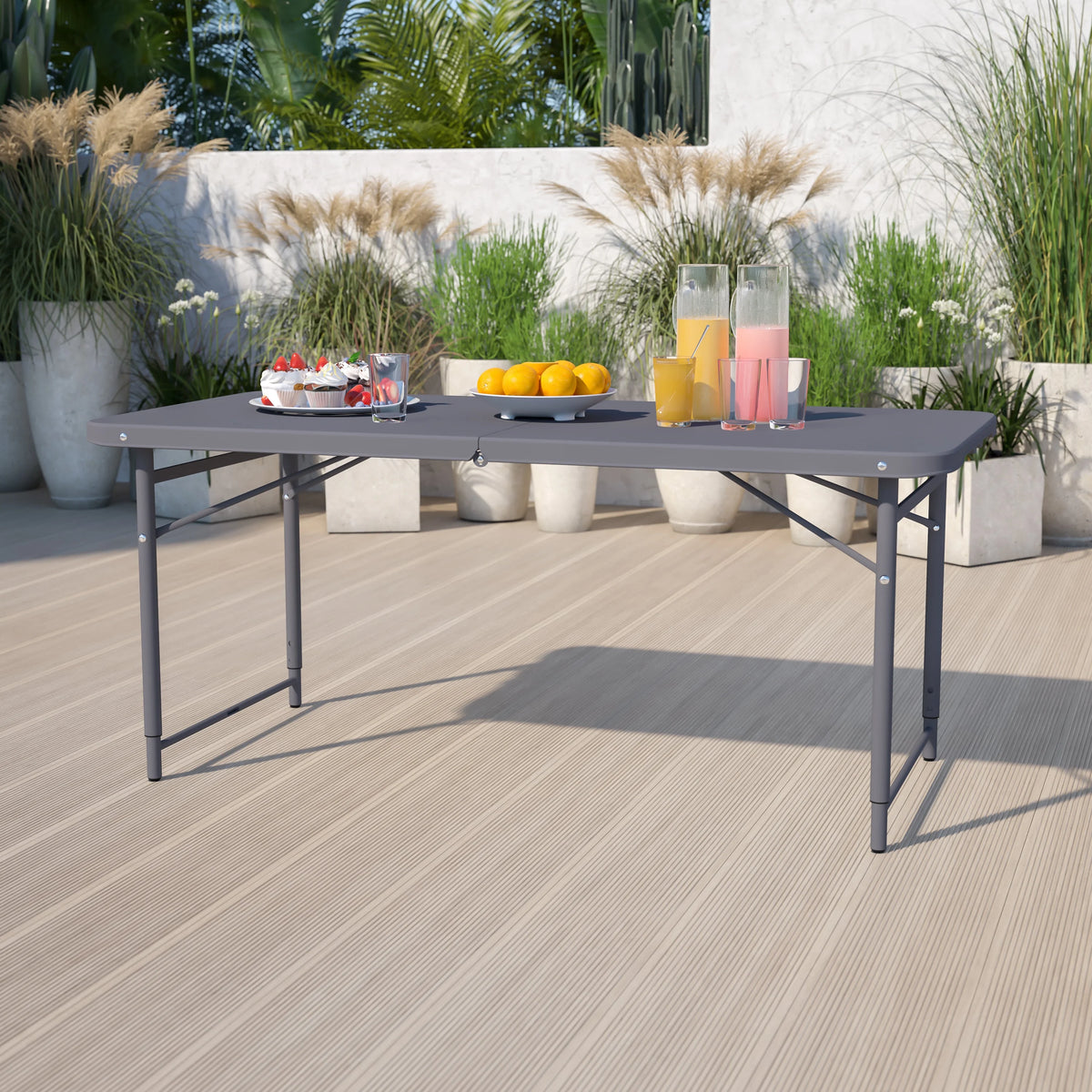 4-Foot Height Adjustable Dark Gray Plastic Folding Table with Carrying Handle E8367