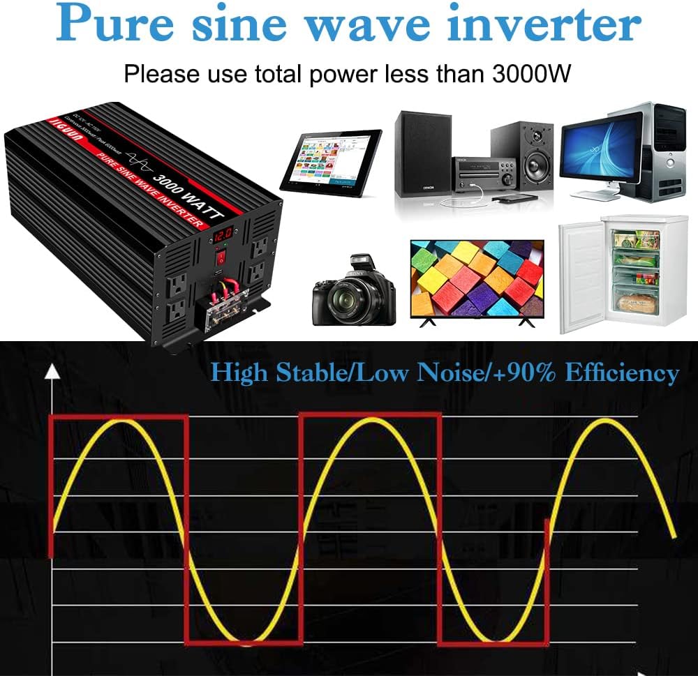 3000 Watt Pure Sine Wave Power Inverter 12V DC to 110V AC with 4 AC Outlets and USB Port B3917