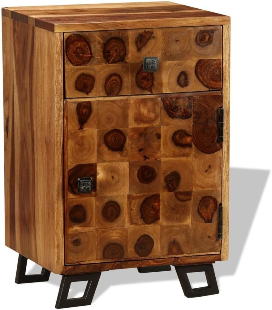 Solid Sheesham Wood Nightstand with Iron Legs and Storage Drawer Q29356