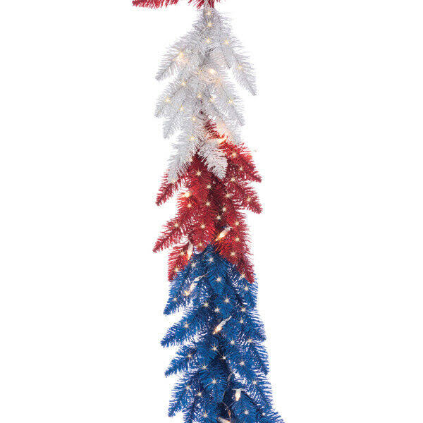 9 ft Patriotic American Garland 50 White Lights Red White Blue R442