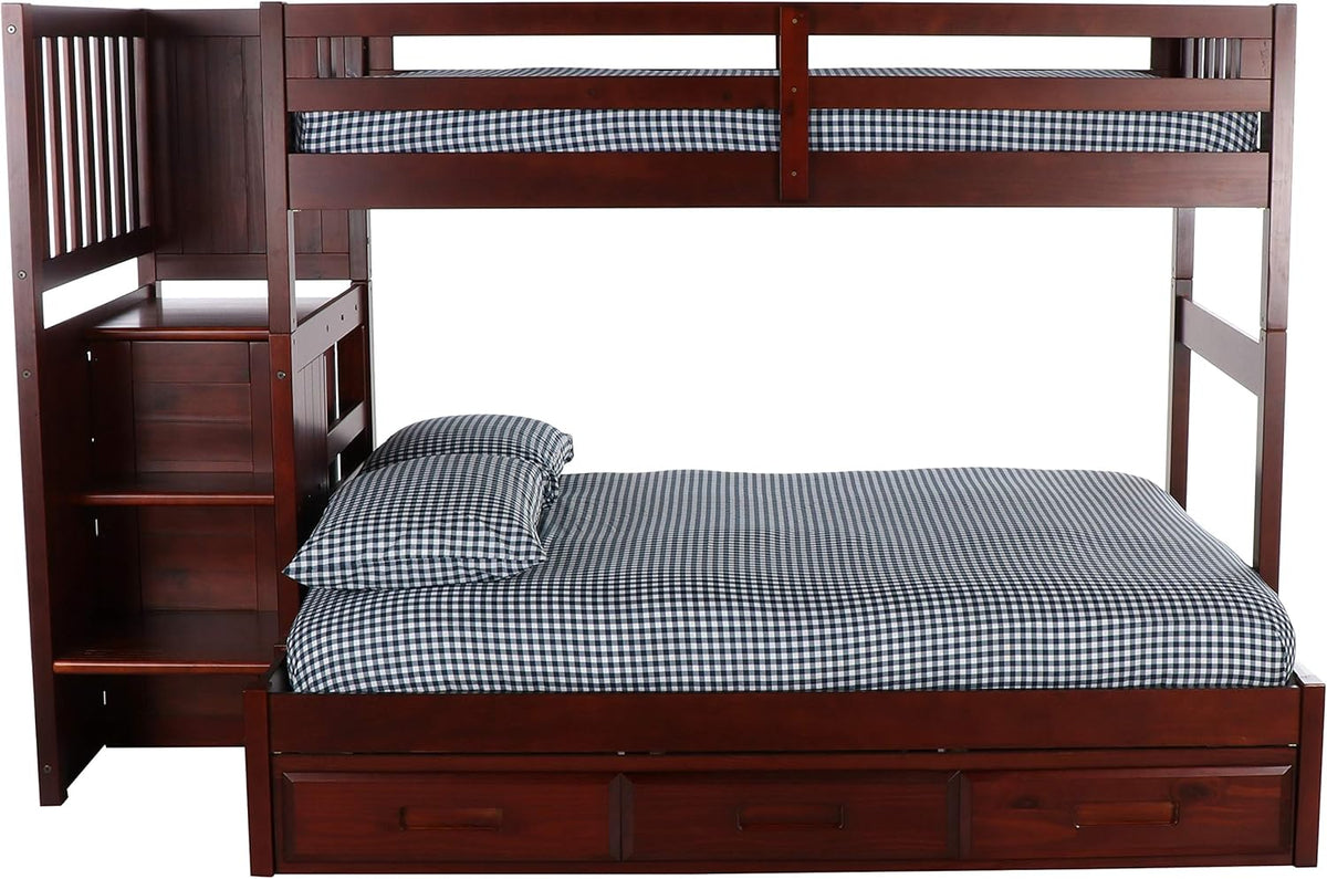 Twin Over Full Staircase Bunk Bed with 3 Drawers in Merlot Finish W72531