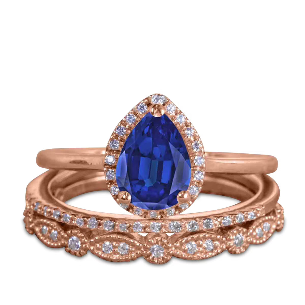 Pear Cut Lab Created Blue Sapphire Trio Wedding Ring Set J950
