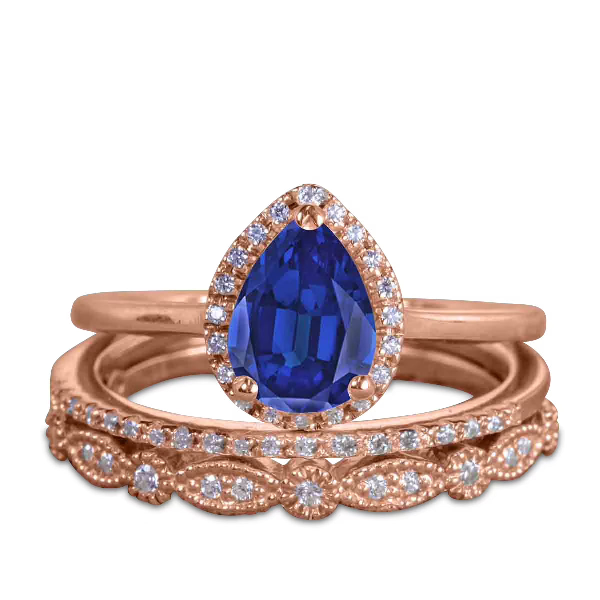 Pear Cut Lab Created Blue Sapphire Trio Wedding Ring Set J950
