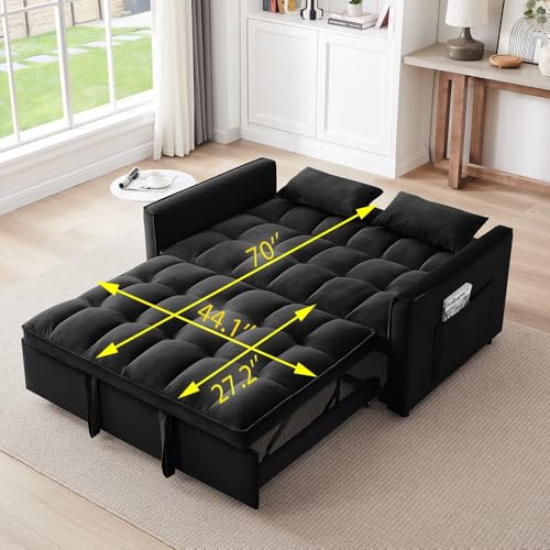 Blue Velvet Double Convertible Sofa Bed with Storage Bag and Pillow Q875800