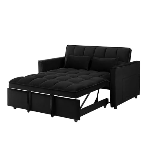 Blue Velvet Double Convertible Sofa Bed with Storage Bag and Pillow Q875800