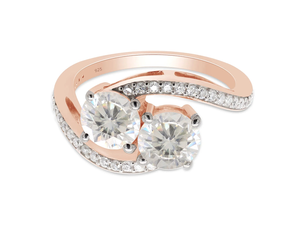 14K Rose Gold Over Sterling Silver Moissanite Two Stone Bypass Engagement Ring Y544