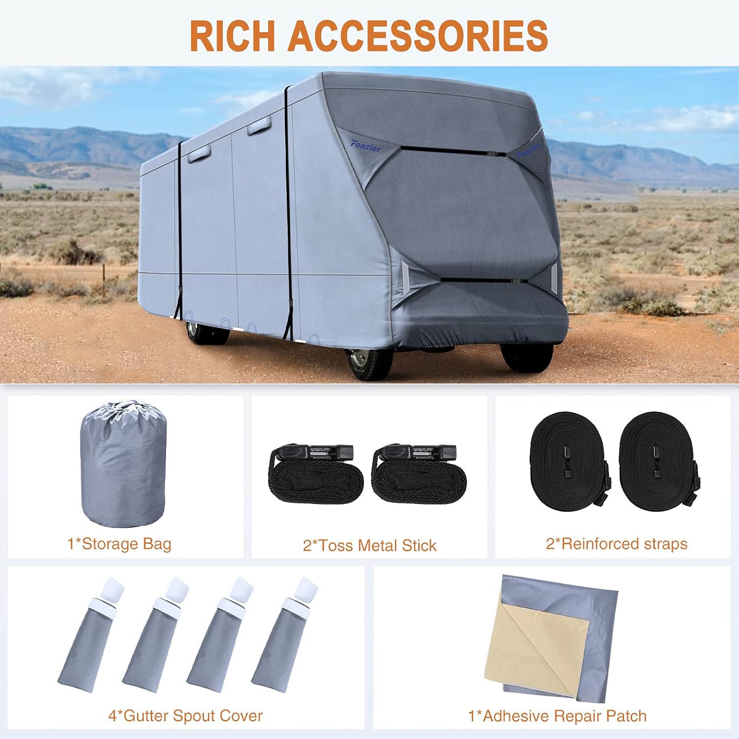 Rip-Stop 210D Class C RV Cover Windproof Waterproof Camper Cover with 2Pcs Extra Long Straps & Gutter Covers Z607