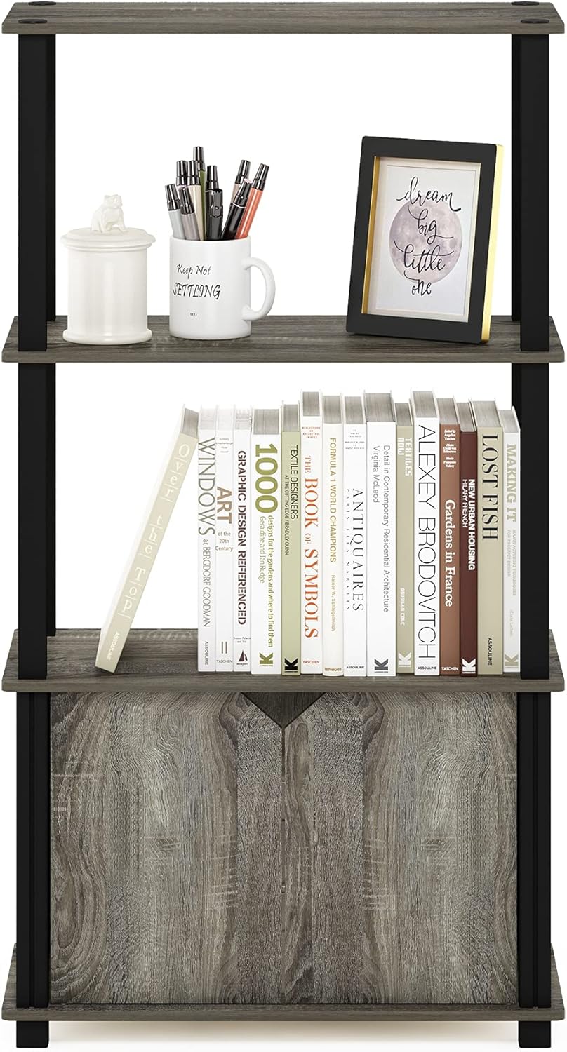 French Oak Grey 4-Tier Bookcase with Door D2539