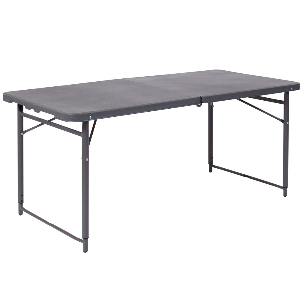 4-Foot Height Adjustable Dark Gray Plastic Folding Table with Carrying Handle E8367