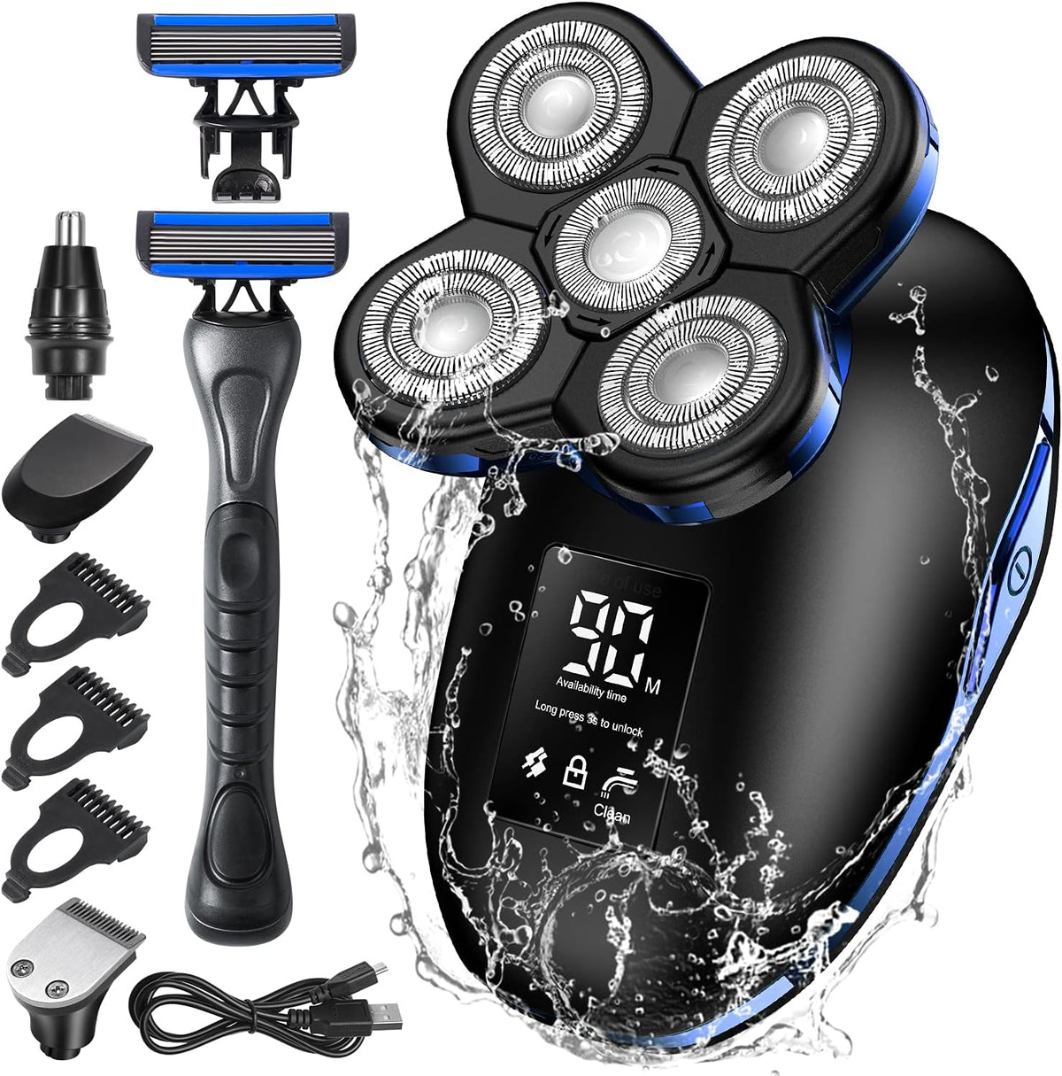 Head Shaver Electric Razor 6D Floating 5 in 1 Wet & Dry Waterproof Bald Head Shaver LED Display Rotary Gold Pack of 2 X212