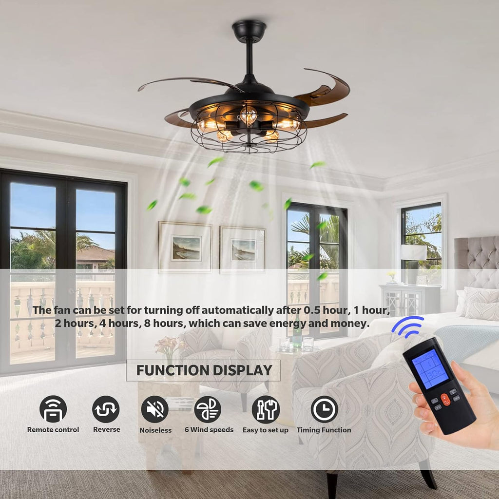 Industrial Ceiling Fan with Light Retractable Black Caged Chandelier 48 Inches F66965