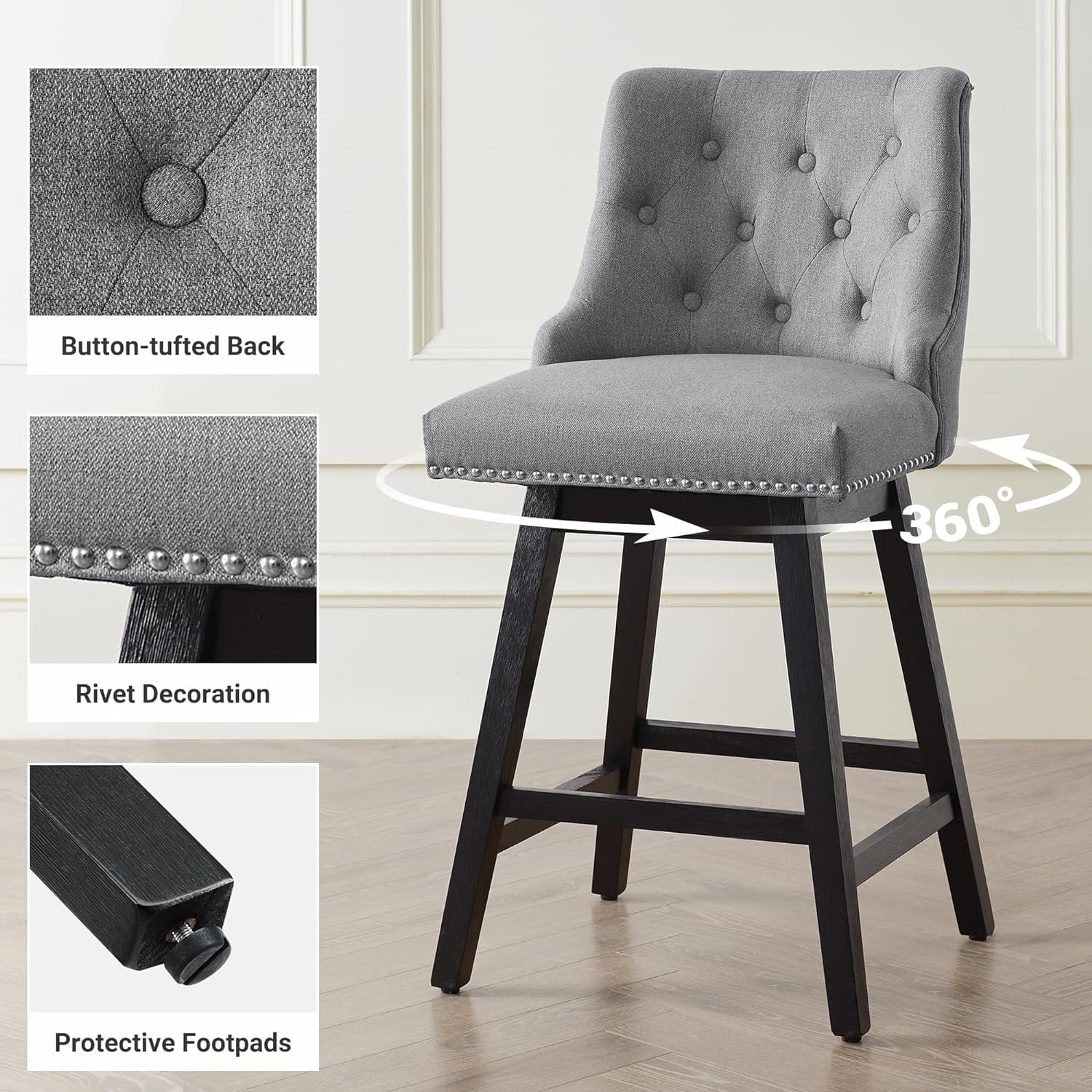 Grey 26” Upholstered Bar Stools Set of 4 with Wood Legs Z62693