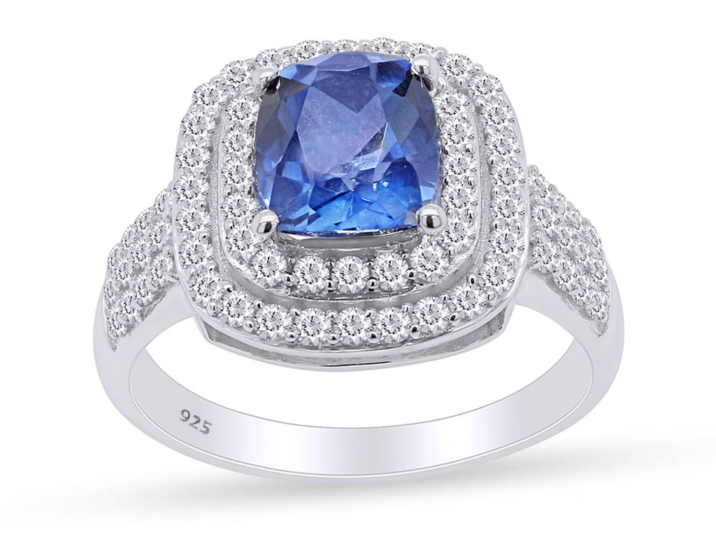 Cushion Cut Blue Sapphire & White Topaz Ring In 14K White Gold Over Sterling Silver (2.69 Cttw) Ring size-4 A71372