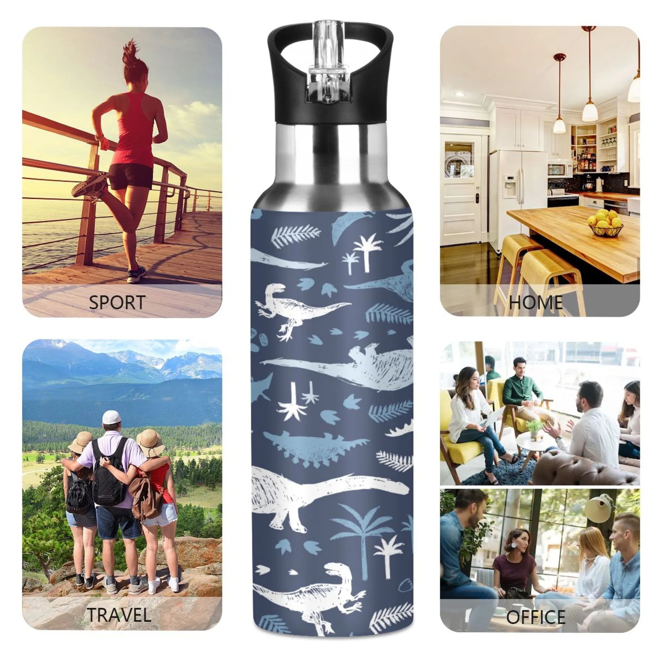 Blue Dinosaur Stainless Steel Insulated Water Bottle with Straw Lid Y88079